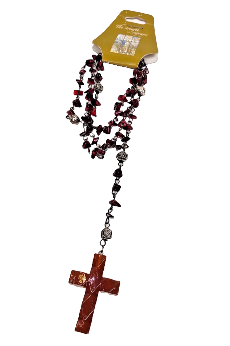 VTG Garnet Red Celluloid Catholic Rosary Beaded Prayer Necklace w Cross